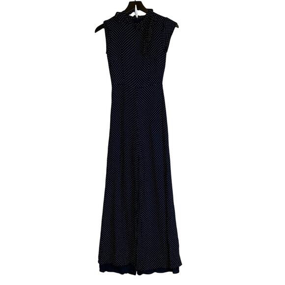 Reformation Pants - Reformation Elaine Navy Blue Polka Dot Mock Neck Wide Leg Jumpsuit - 2